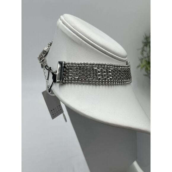 White House Black Market Silver Tone Mesh Woven Beaded ADJ Choker Necklace New - Picture 5 of 10
